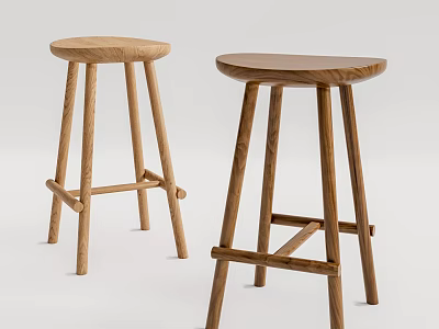 Two Natural Wooden Bar Stools With Simple Design And Sturdy Legs 3d model