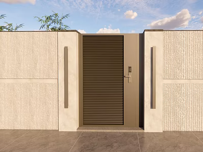 Modern Entrance Gate Slatted Design In Concrete Wall With Clear Sky And Plants 3d model