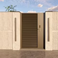 Modern Entrance Gate Slatted Design In Concrete Wall With Clear Sky And Plants