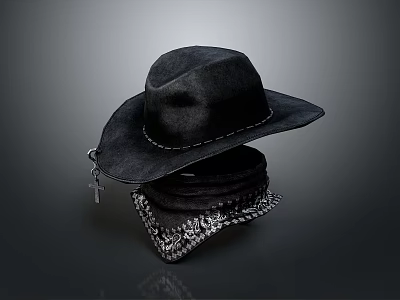 Stylish Black Cowboy Hat With Patterned Bandana And Cross Pendant 3d model