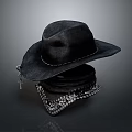 Stylish Black Cowboy Hat With Patterned Bandana And Cross Pendant
