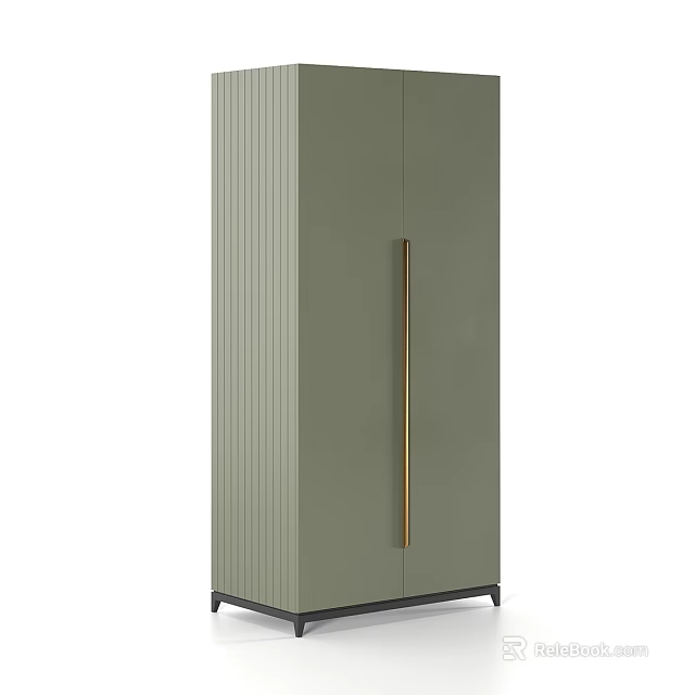 Modern Light Green Storage Cabinet With Vertical Stripes Golden Handle And Black Base 3d model 