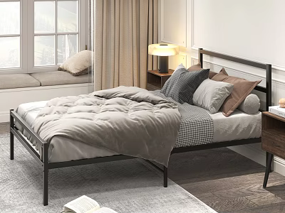 Modern Double Bed With Metal Frame Cozy Bedding Pillows And Nightstand Lamp 3d model
