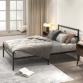Modern Double Bed With Metal Frame Cozy Bedding Pillows And Nightstand Lamp