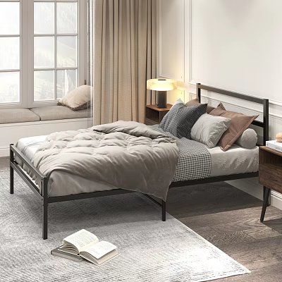 Modern Double Bed With Metal Frame Cozy Bedding Pillows And Nightstand Lamp 3d model