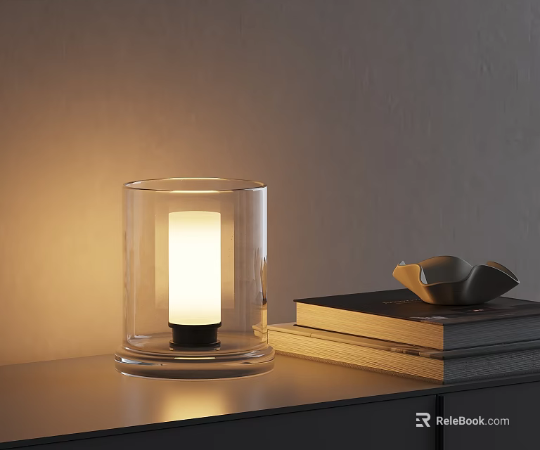 Lit Transparent Glass Table Lamp With Warm Light And Stacked Books On Tabletop 3d model 