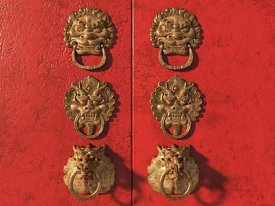 Brass Lion Head Shaped Door Knobs On Traditional Red Wooden Door 3d model