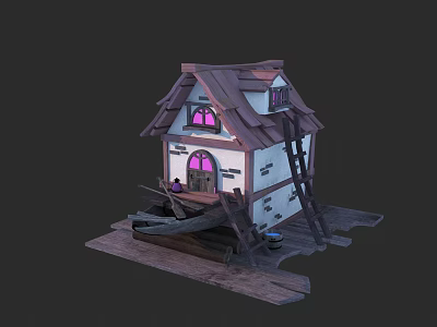 Cartoon Scene Featuring Small House With Brown Roof Purple Windows Wooden Ladder And Raft Structure 3d model