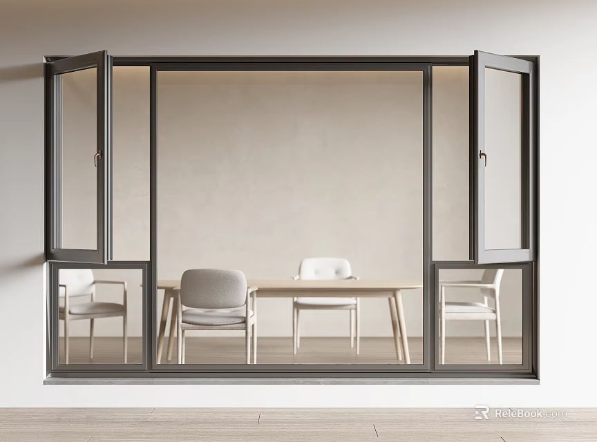 Modern Dining Room Interior With Floor to Ceiling Windows And Wooden Table With Chairs 3d model 