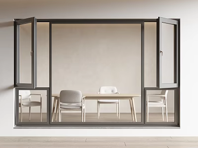 Modern Dining Room Interior With Floor to Ceiling Windows And Wooden Table With Chairs 3d model