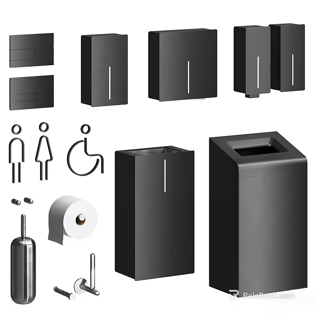 Black Modern Bathroom Accessories With Trash Bins Toilet Paper Holder And Signs 3d model 