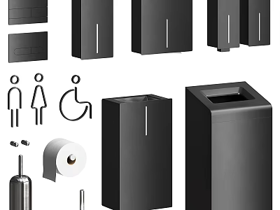 Black Modern Bathroom Accessories With Trash Bins Toilet Paper Holder And Signs 3d model