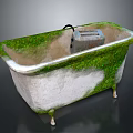Old Moss Covered White Bathtub With Metal Legs And Soap Dish