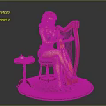 Red Haired Woman Statue In Green Dress Playing Harp On Stool With Table Apple And Book