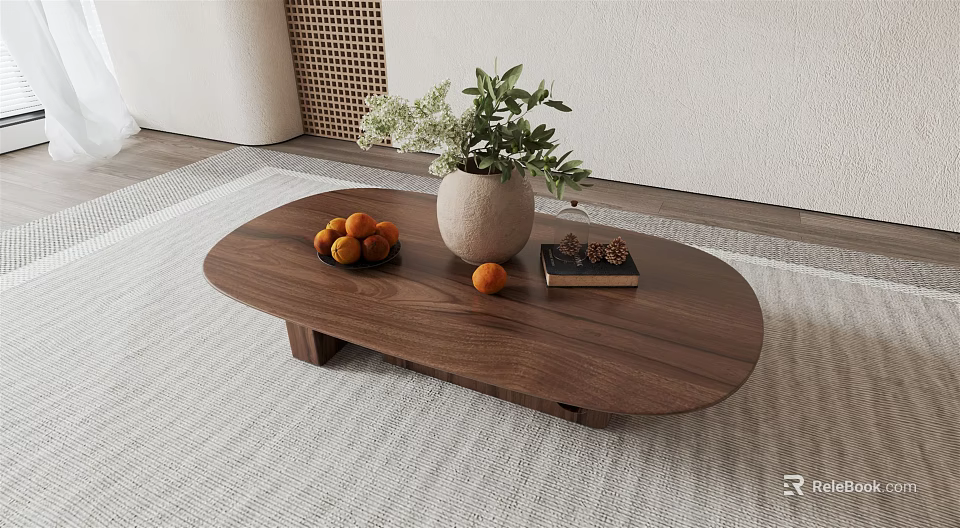 Modern Minimalist Walnut Wooden Coffee Table With Green Plant Vase Oranges And Book On Rug 3d model 