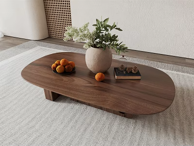 Modern Minimalist Walnut Wooden Coffee Table With Green Plant Vase Oranges And Book On Rug 3d model