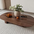 Modern Minimalist Walnut Wooden Coffee Table With Green Plant Vase Oranges And Book On Rug