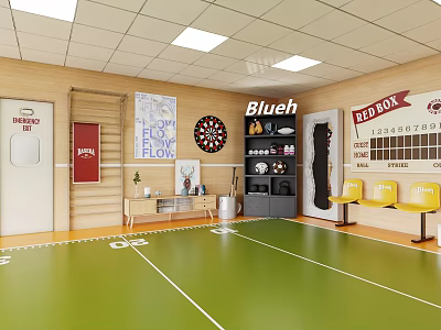 Casual Recreation Room Interior With Green Floor Dartboard Scoreboard Lockers And Yellow Chairs 3d model