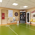 Casual Recreation Room Interior With Green Floor Dartboard Scoreboard Lockers And Yellow Chairs