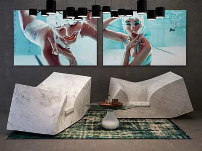 Modern Sofa And Coffee Table Set With Two Paintings Area Rug And Pendant Lights 3d model