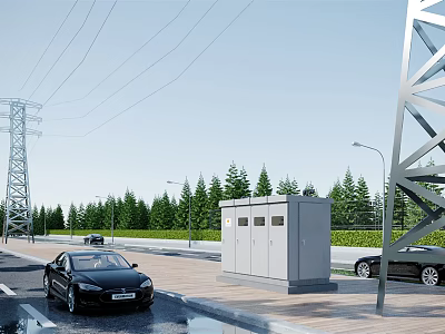 Suburban Road Infrastructure With Electrical Cabinet Street Lamps Power Towers And Overhead Lines 3d model