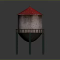 Water Tower Equipment With Red Roof Beige Body And Green Support Legs