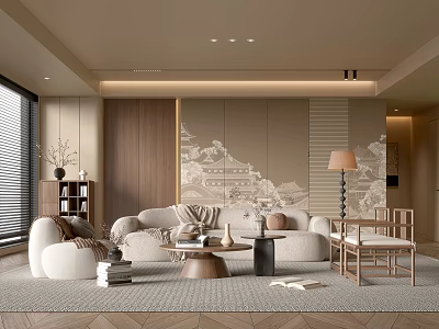 Modern Luxury Living Room Interior With Beige Sofa Wooden Accent Wall And Floor Lamp 3d model