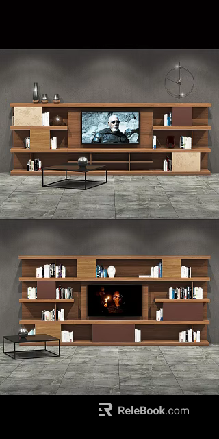 Modern Wooden TV Cabinet Interior With Bookshelves Decorative Vases And Storage 3d model 