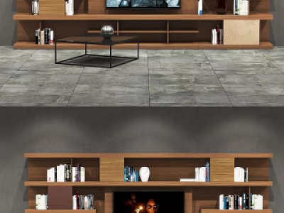 Modern Wooden TV Cabinet Interior With Bookshelves Decorative Vases And Storage 3d model