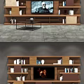 Modern Wooden TV Cabinet Interior With Bookshelves Decorative Vases And Storage
