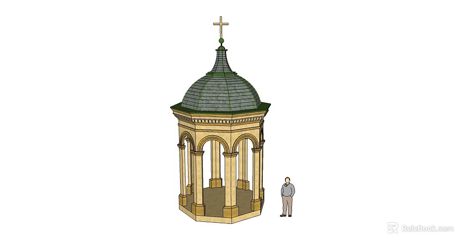 Classic Gazebo With Cross On Top Green Sloped Roof Ornate Columns Standing Person Nearby 3d model 