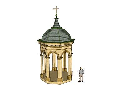 Classic Gazebo With Cross On Top Green Sloped Roof Ornate Columns Standing Person Nearby 3d model