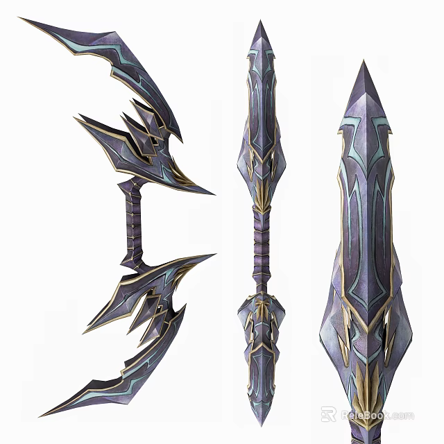 Fantasy Battle Weapons with Intricate Blue Purple Gold Designs Sharp Blades and Spiked Details 3d model