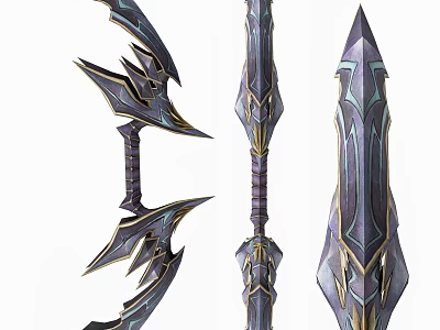 Fantasy Battle Weapons with Intricate Blue Purple Gold Designs Sharp Blades and Spiked Details 3d model