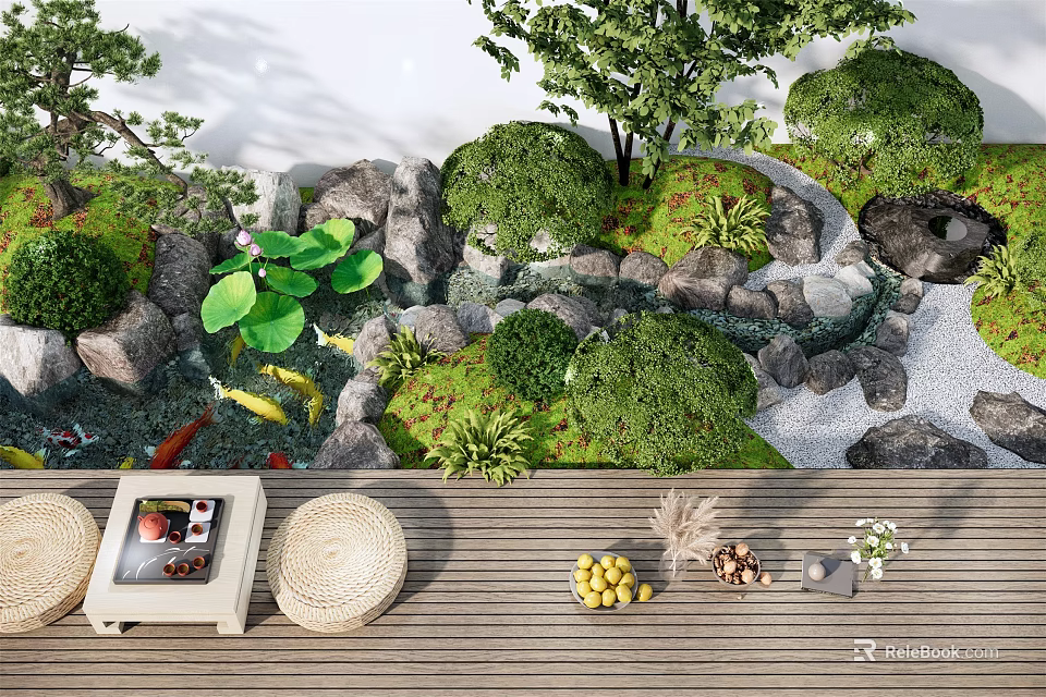 Karesansui Garden Design With Stones Green Plants Small Pond And Wooden Platform 3d model 