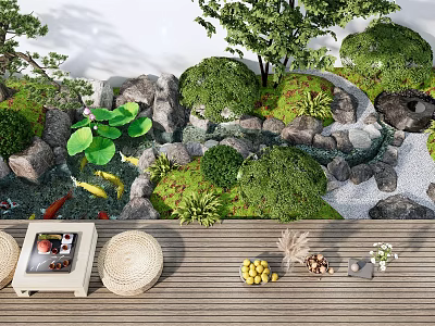 Karesansui Garden Design With Stones Green Plants Small Pond And Wooden Platform 3d model