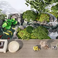 Karesansui Garden Design With Stones Green Plants Small Pond And Wooden Platform