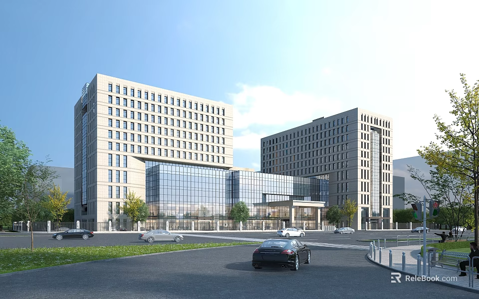 Modern Office Building Exterior With Glass Curtain Wall Stone Facade Parking Greenery And Road Cars 3d model 