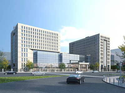 Modern Office Building Exterior With Glass Curtain Wall Stone Facade Parking Greenery And Road Cars 3d model