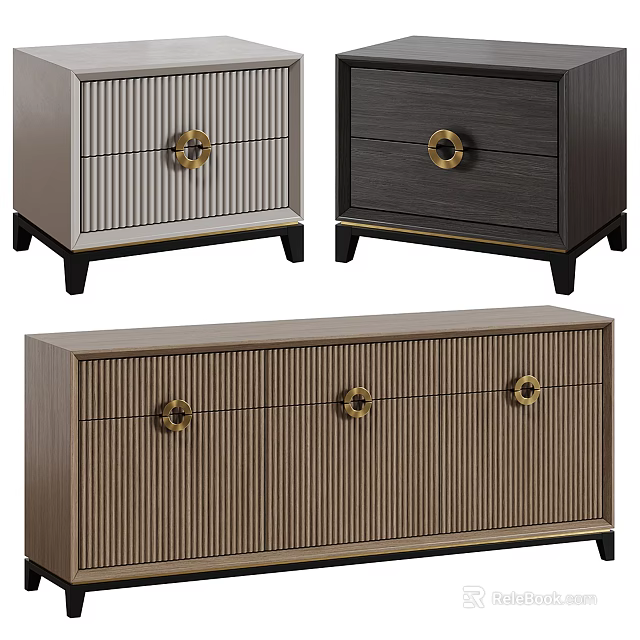 Modern Entryway Console Table And Side Cabinet With Striped Design Golden Knobs Black Legs 3d model