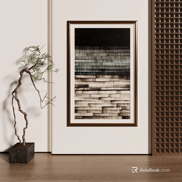 Abstract Landscape Painting In Wooden Frame With Striped Pattern And Potted Plant By Lattice Wall 3d model 