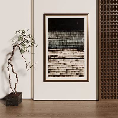 Abstract Landscape Painting In Wooden Frame With Striped Pattern And Potted Plant By Lattice Wall 3d model