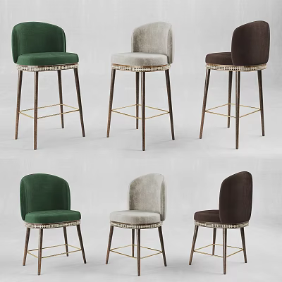 Modern Green Beige Brown Velvet Bar Stools with Upholstered Seats Metal Legs and Gold Accents 3d model