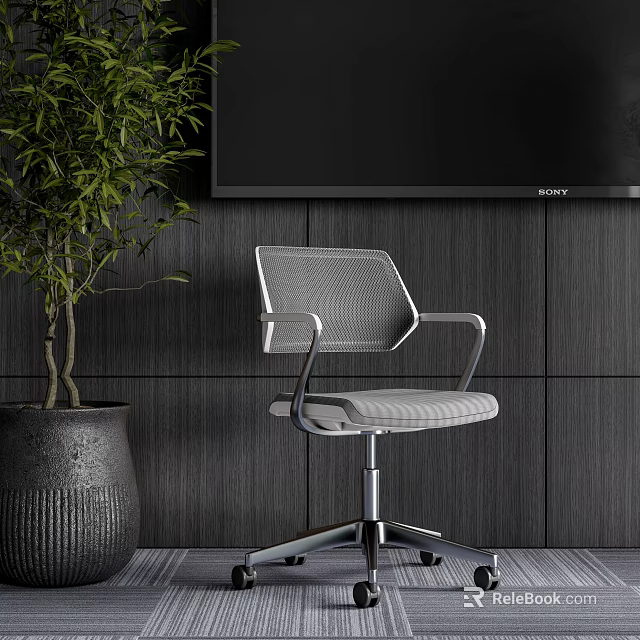 Modern Mesh Office Chair Design With Metal Base Dark Wooden Wall And Potted Plant 3d model 