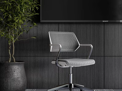Modern Mesh Office Chair Design With Metal Base Dark Wooden Wall And Potted Plant 3d model