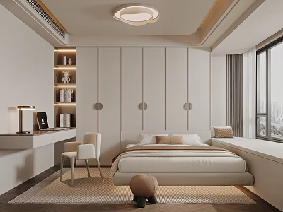 Tatami Bedroom Interior With White Wardrobe Desk Chair Round Rug And City View Window 3d model