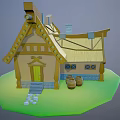 Cartoon Style House with Straw Roof Wooden Structure Barrels Steps and Green Grass