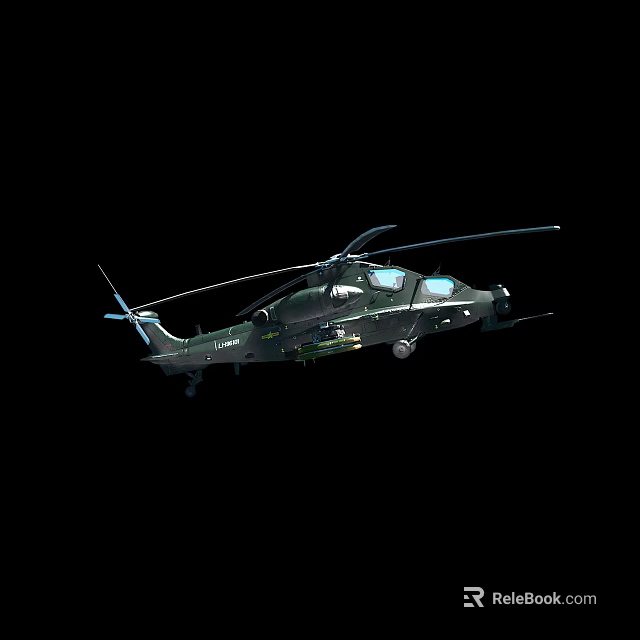 Modern Military Helicopter In Flight With Rotors Cockpit And Black Background 3d model 