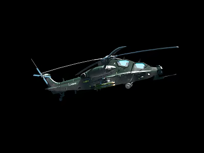 Modern Military Helicopter In Flight With Rotors Cockpit And Black Background 3d model