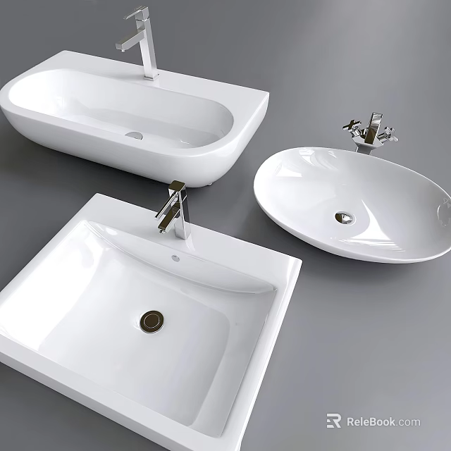 Modern White Ceramic Washbasins With Different Shapes And Faucets For Bathroom Design 3d model 